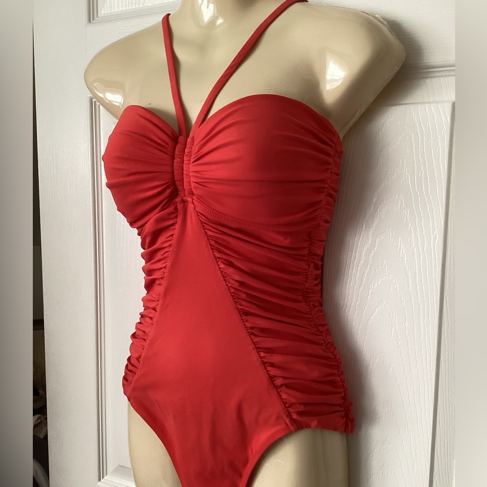 ♦️ Profile by GOTTEX swimsuit Sz 8 one piece EUC bandeau coral red